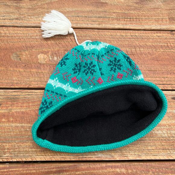 Vintage Fair Isle Wool Beanie USA Made Ski Hat Green Fleece Lined Tassel Knit - Picture 7 of 10